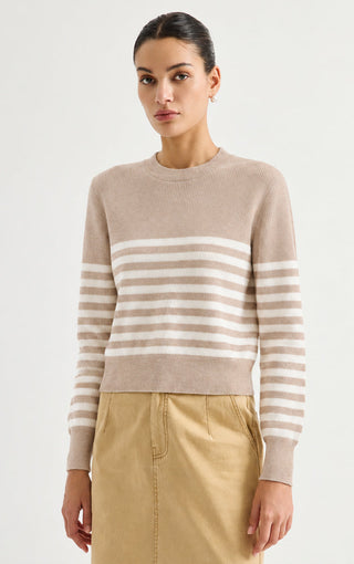 Wool Striped Crewneck Sweater – Taupe – front model view