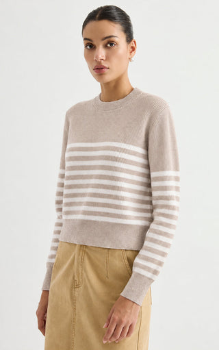 Wool Striped Crewneck Sweater – Taupe – side model view