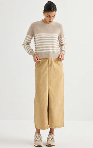 Wool Striped Crewneck Sweater – Taupe – full-length model view