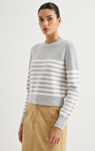 Wool Striped Crewneck Sweater – Light Grey – side model view