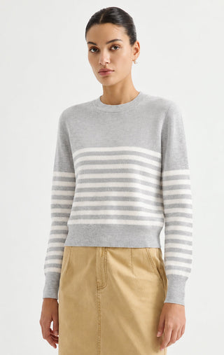 Wool Striped Crewneck Sweater – Light Grey – front model view