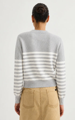 Wool Striped Crewneck Sweater – Light Grey – back model view