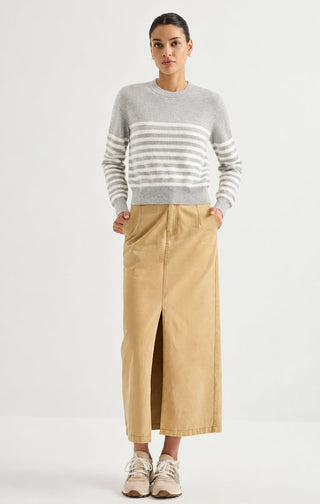 Wool Striped Crewneck Sweater – Light Grey – full-length model view