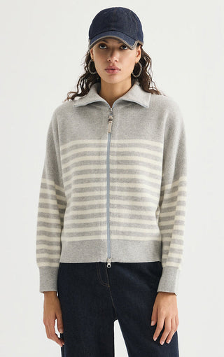 Wool Striped Zip Cardigan – Light Grey – front model view