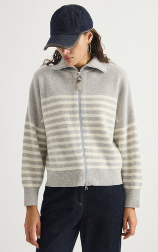Wool Striped Zip Cardigan – Light Grey – relaxed front view