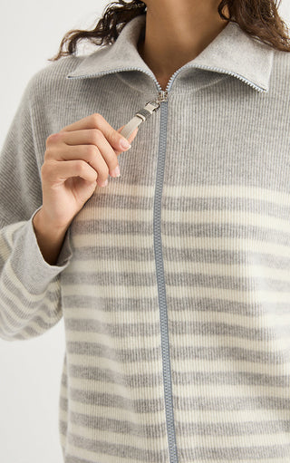 Wool Striped Zip Cardigan – Light Grey – collar and zip detail
