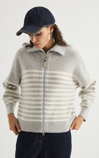 Wool Striped Zip Cardigan – Light Grey – three-quarter model view