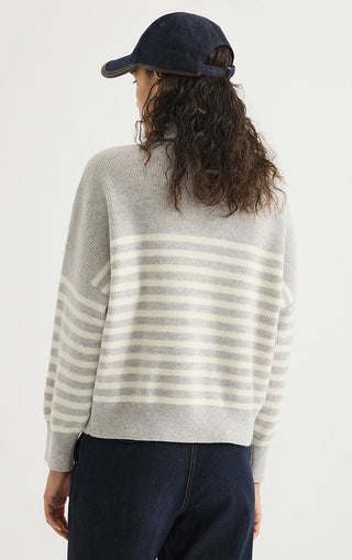 Wool Striped Zip Cardigan – Light Grey – back model view