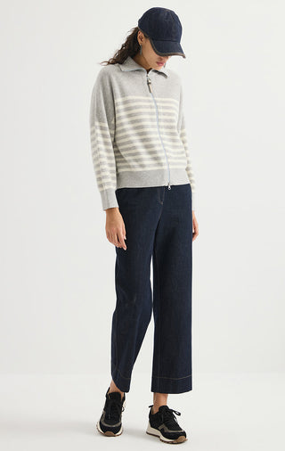 Wool Striped Zip Cardigan – Light Grey – full-length model view