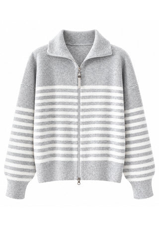 Wool Striped Zip Cardigan – Light Grey – front product view