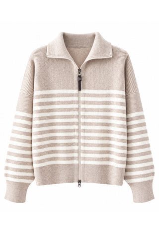 Wool Striped Zip Cardigan – Taupe – front product view