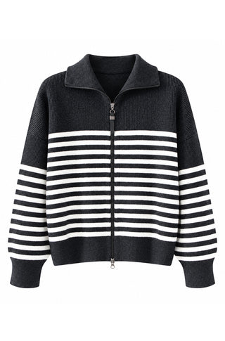 Wool Striped Zip Cardigan – Graphite Grey – front product view