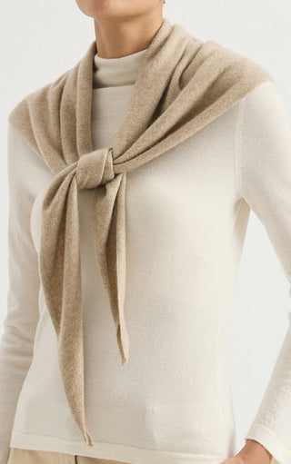 Camel cashmere triangle wrap, front knot with hanging tie ends and drape