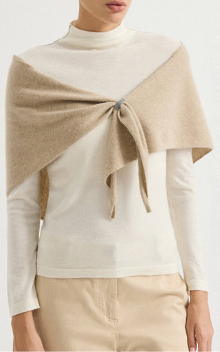 Camel cashmere triangle wrap, wide drape over shoulders with front tied knot