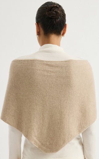 Camel cashmere triangle wrap, back drape covering shoulders, tied neckline