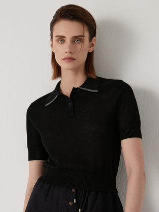 Women's Linen Tencel Silk Mesh Polo Knit Top