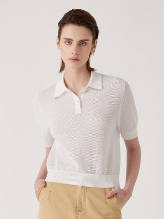 Off-white polo-neck knit top with button placket, short sleeves, ribbed trim