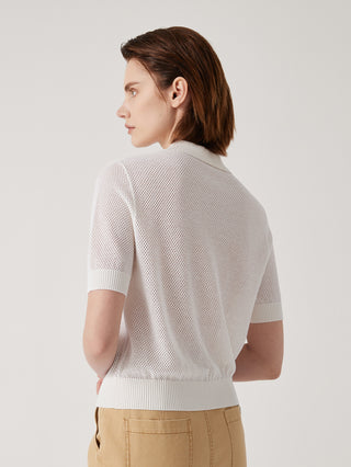 Off-white linen-blend polo-neck knit top, short sleeves, ribbed hem and cuffs