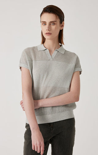 Light gray polo knit top with short sleeves and collared neckline; textured bands