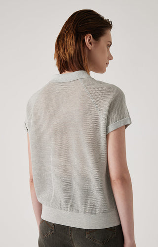 Light gray polo knit top back view with textured mesh panels and ribbed hem
