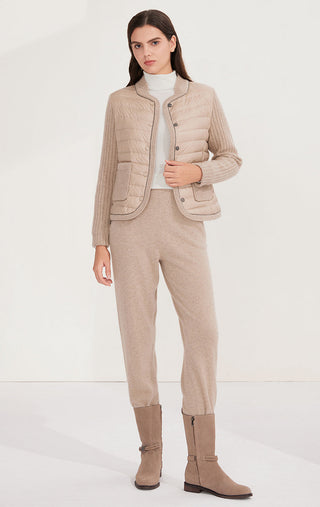 Camel cashmere-panelled down knit jacket with ribbed sleeves and snap-front placket