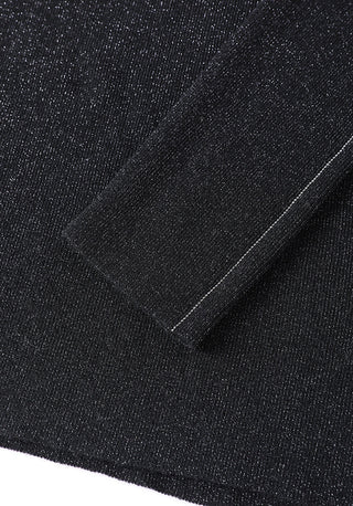 Black knit sweater with metallic side stripe detail and textured fabric close-up
