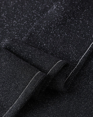 Black wool-blend knit close-up showing metallic side seam stripe