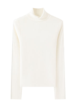 White turtleneck knit sweater with long sleeves and ribbed collar