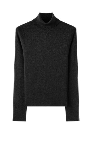Black wool-blend turtleneck knit sweater with long sleeves, smooth high neck
