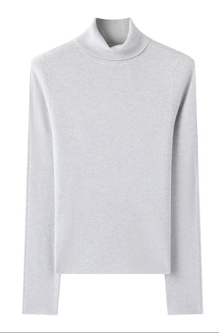 Light gray wool-blend turtleneck knit sweater with long sleeves, clean ribbed finish