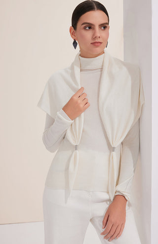 White wool-blend turtleneck knit sweater with metallic side detail, long sleeves