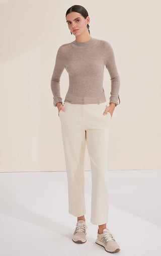 Dark camel fitted mock-neck knit top, long sleeves, ribbed hem