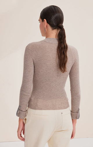 Back view: dark camel fitted knit top with mock neck and long sleeves