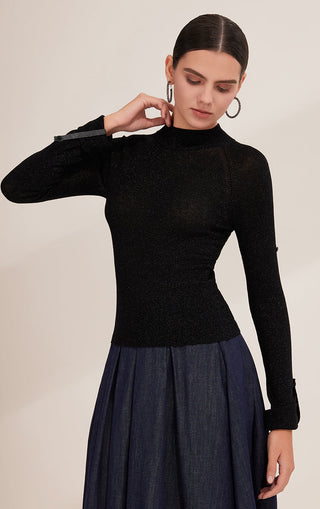 Black fitted fine-wool knit top with mock neck and long sleeves