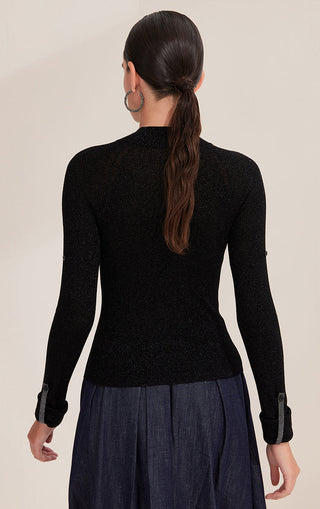 Back view: black fitted mock-neck knit top with long sleeves