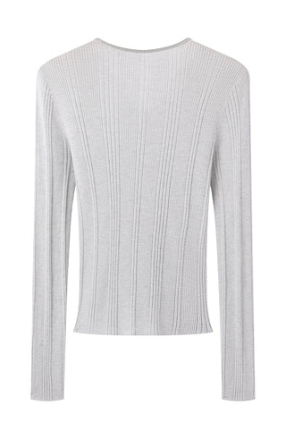 White wool-blend knit top, long sleeves, ribbed texture, crew back neckline view
