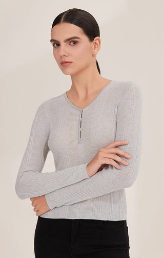 Gray wool-blend V-neck knit top with beaded button placket, long sleeves