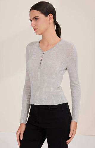Gray wool-blend V-neck knit top with beaded placket, side profile