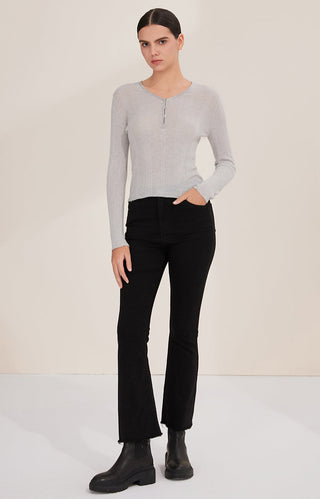 Gray wool-blend V-neck knit top with beaded button placket, fitted long sleeves