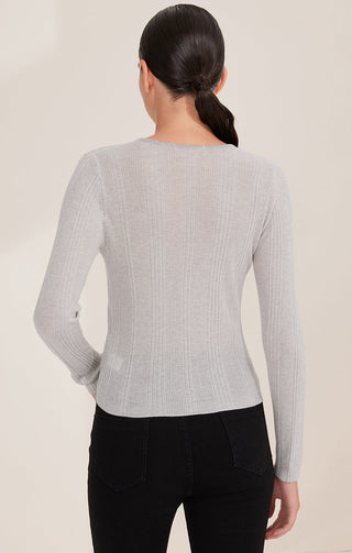 Gray wool-blend knit top back view, long sleeves and ribbed knit texture
