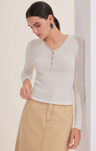 White V-neck wool-blend knit top with beaded placket and long sleeves, slim fit