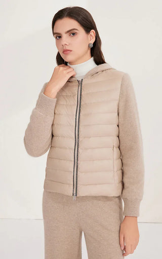Camel hooded zip-front puffer knit jacket with quilted body and ribbed knit cuffs