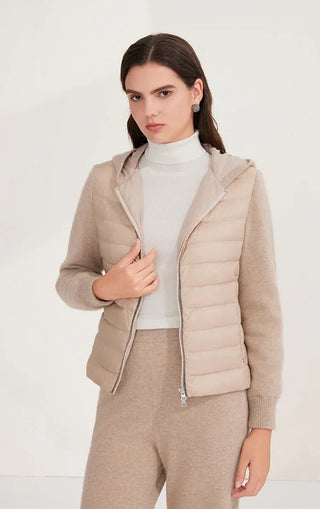Camel hooded knit puffer jacket with front zipper, drawstring hood, and knit sleeve cuffs