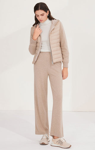 Camel hooded zip-front puffer knit jacket with quilted vest body and knit sleeves
