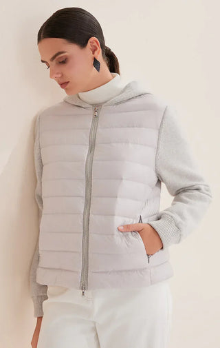 Light gray hooded knit jacket with quilted puffer front, full-length zipper, side seam panels