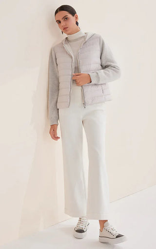 Light gray hooded puffer knit jacket with drawstring hood and full zipper