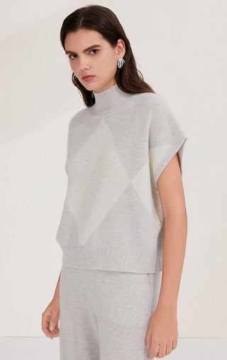 Light gray cashmere short-sleeve knit sweater with mock neck and argyle-style diamond motif