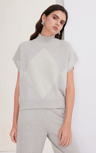Light gray cashmere short-sleeve knit sweater, mock neck and glittery diamond panel