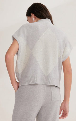 Light gray cashmere short-sleeve knit sweater, back view with diamond sparkle pattern