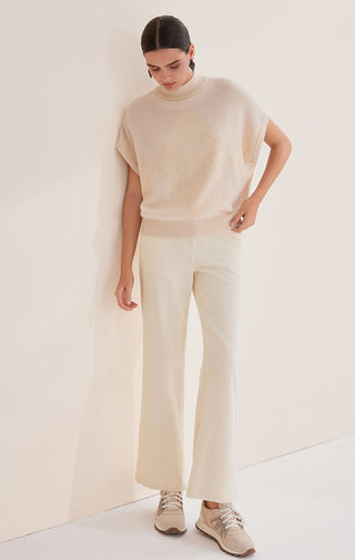 Camel cashmere short-sleeve knit sweater with mock neck and ribbed waistband hem